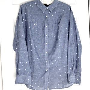 Lane Bryant Sz 18 Casual Button Down Shirt Blue White Polka Dots EUC